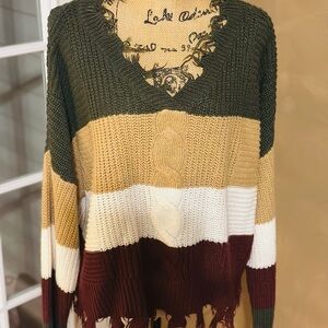 Chic Striped V-Neck Sweater in Olive, Mustard, Ivory, and Burgundy
